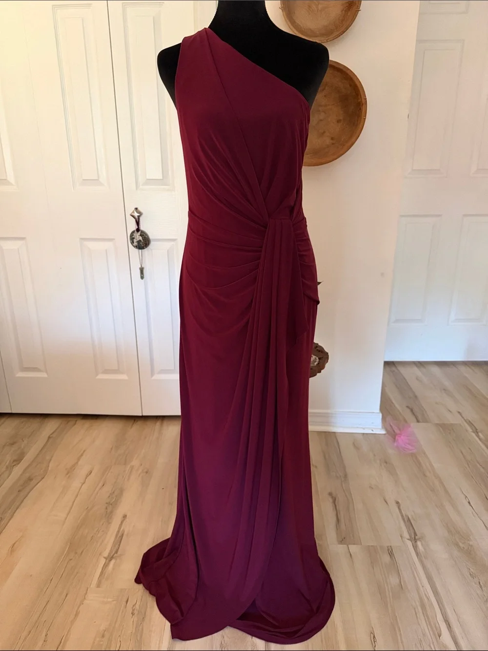 Adrianna Papell One-Shoulder Burgundy Evening Gown with Side Drape - Picture 1 of 3